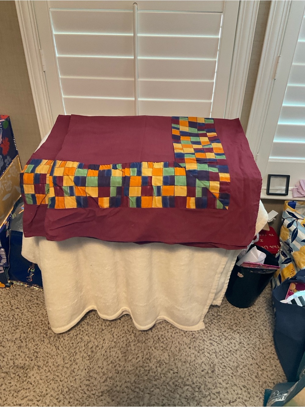 Handmade Patchwork Table Cloth- Burgundy with Multicolor Squares